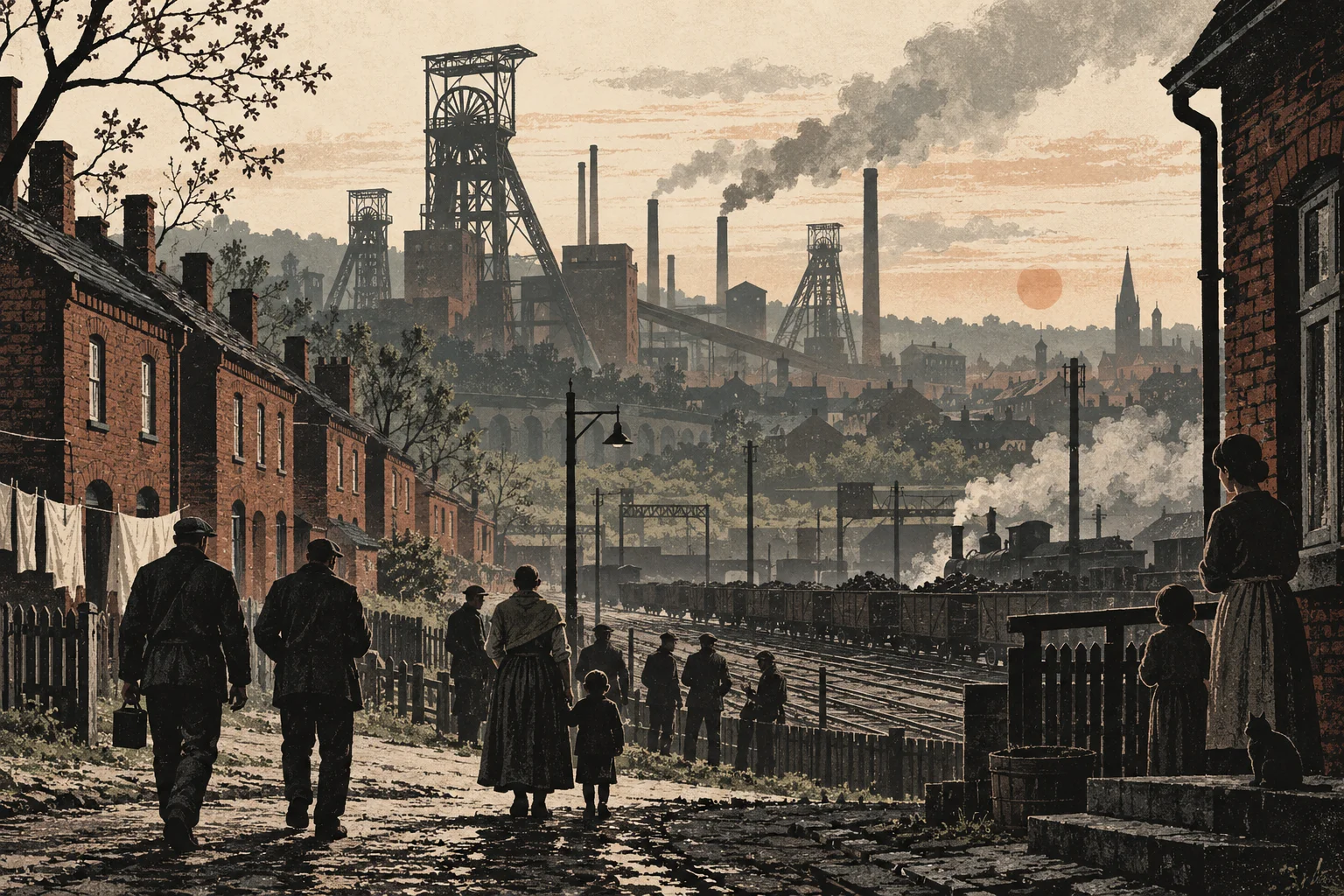 Modern illustration: workers and families among brick housing, with mines and railway tracks in the background.