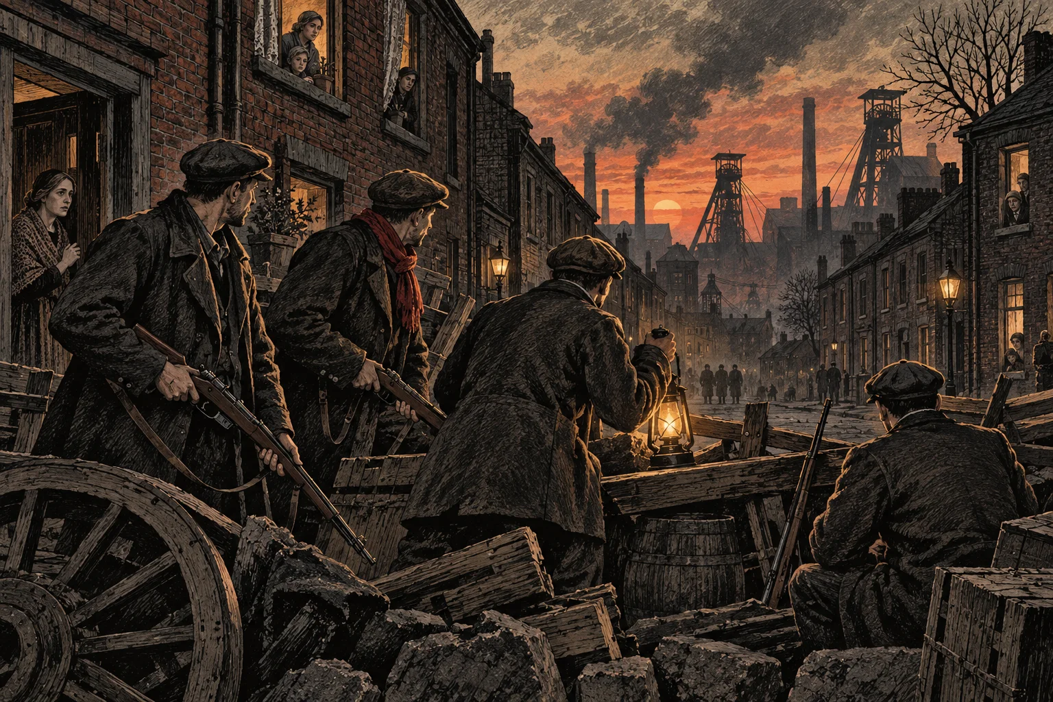 AI illustration: volunteers by a makeshift barricade on an industrial street, in lantern light.