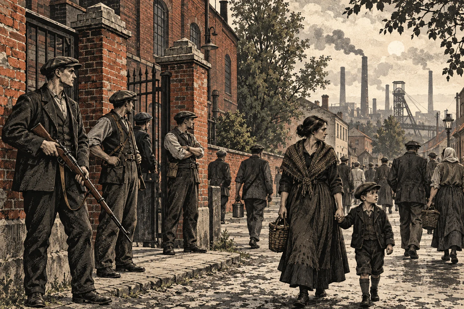 AI illustration: volunteers by a brick factory gate and residents of an industrial town.