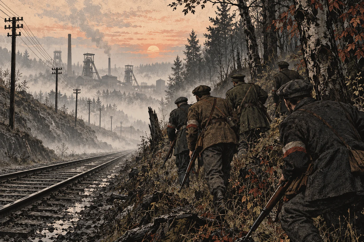 AI illustration: a volunteer patrol among trees beside railway tracks, in dawn mist.