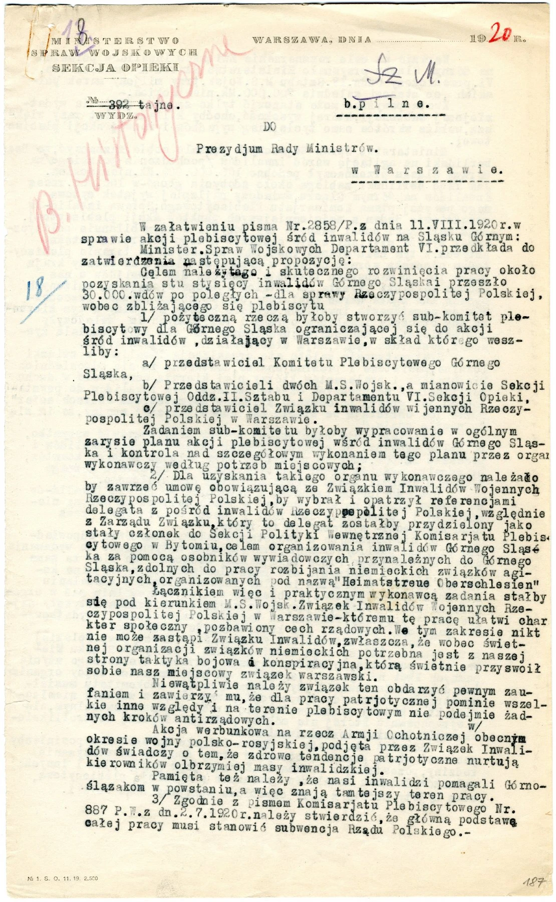 Letter concerning the plebiscite campaign in Upper Silesia, Page 1